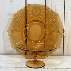 Vintage Amber Cambridge Depression Glass Plate & Pedestal Compote